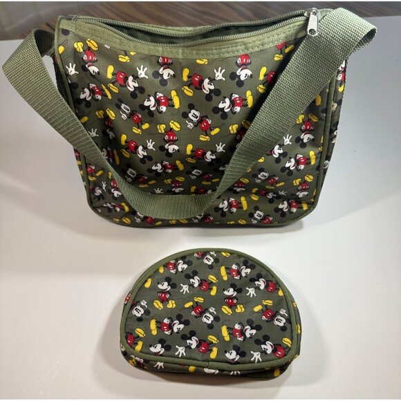 Disney Mickey Mouse Print Olive Green Crossbody Bag & Matching Coin Purse Set - Picture 3 of 4